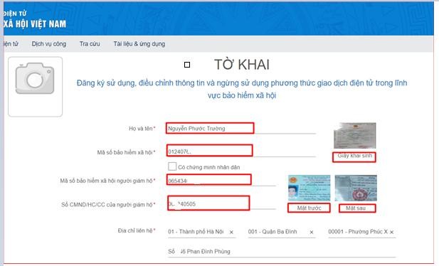 Màn hình khai báo các thông tin đăng ký.