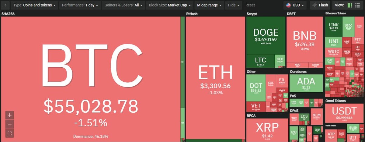 DOGE tiếp tục là điểm sáng trong phiên giao dịch ngày hôm nay. Nguồn: Coin360.
