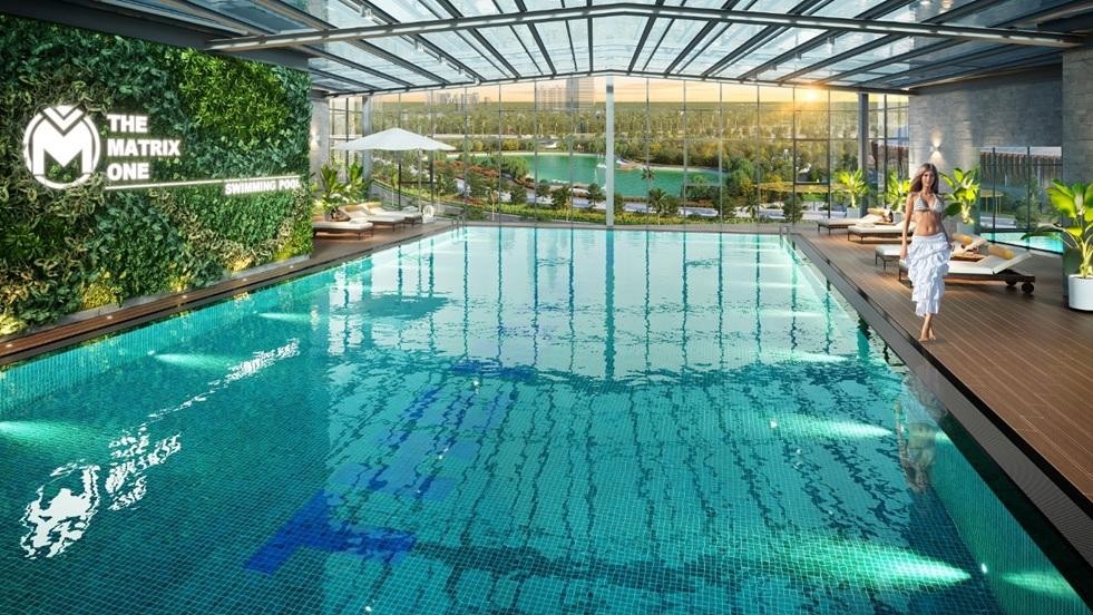 Bể bơi giữa tầng không nối giữa 2 tòa tháp view trực diện công viên 14 ha.
