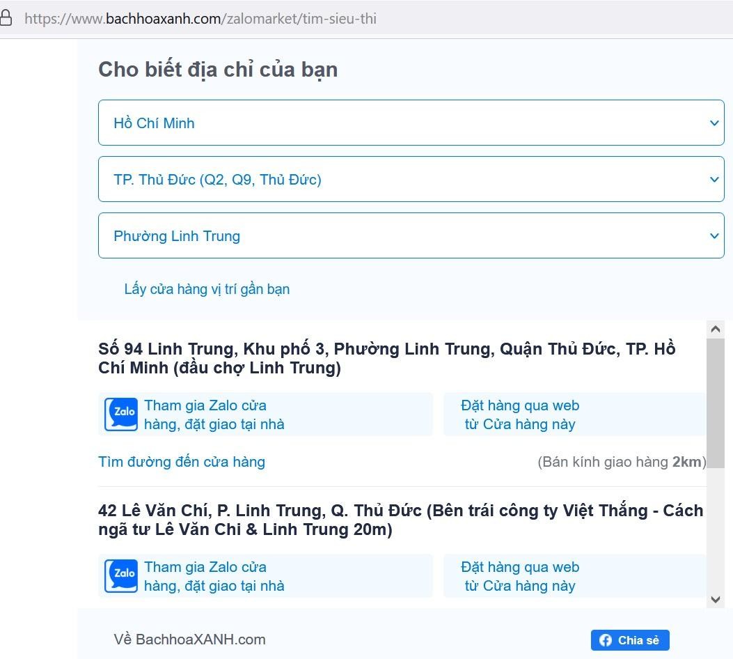Giao diện để khách hàng chọn gia nhập vào group zalo siêu thị Bách hóa Xanh gần nhà mình, thao tác đơn giản, dễ dàng.