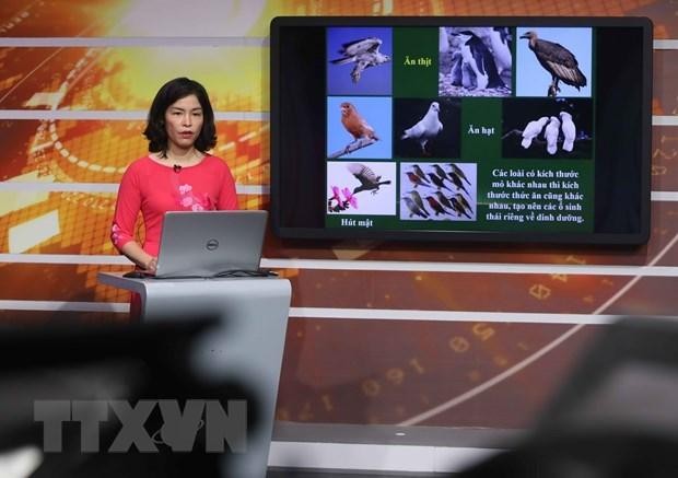 Giáo viên dạy học trên truyền hình. (Ảnh: Thanh Tùng/TTXVN).