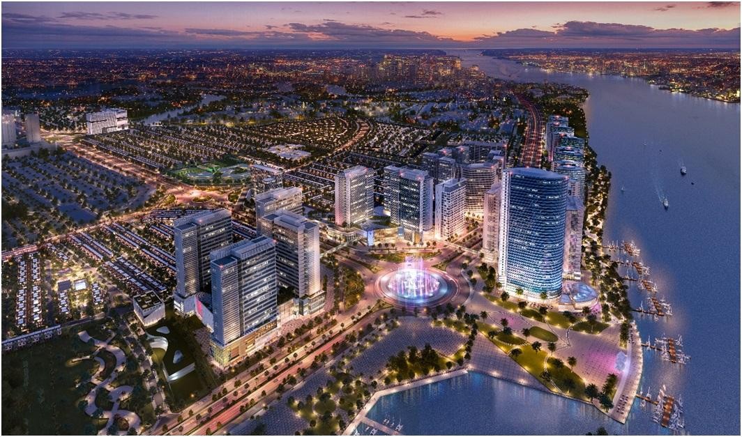 Phối cảnh bến tàu của khu đô thị Izumi City về đêm lung linh sắc màu.