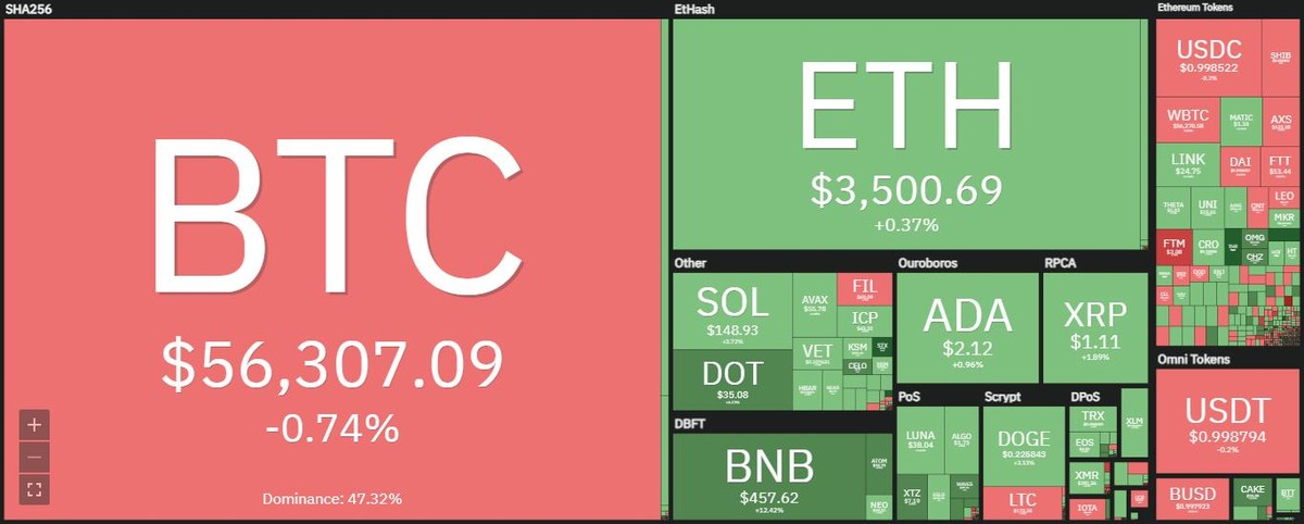 Bitcoin giảm nhẹ trong phiên giao dịch ngày 13/10. Nguồn: Coin360.