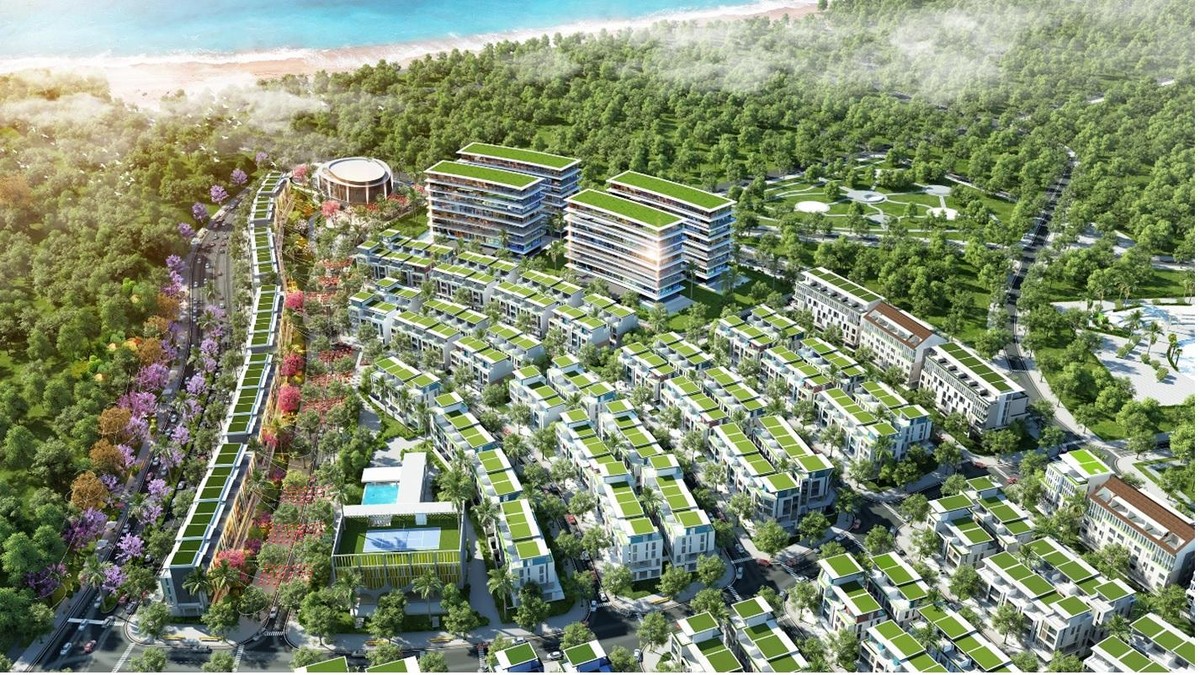 Phối cảnh một góc khu đô thị Meyhomes Capital Phú Quốc với các sản phẩm biệt thự, nhà phố.