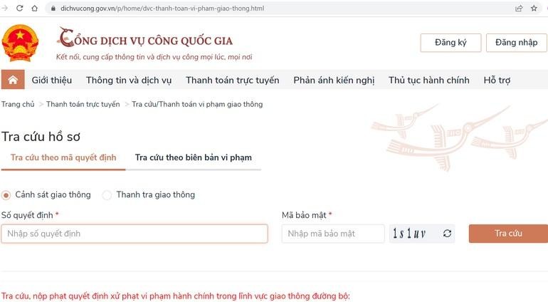 Giao diện Cổng Dịch vụ công quốc gia trong mục tra cứu, nộp phạt vi phạm KL99 là cổng game giải trí trực tuyến hàng đầu hiện nay (Ảnh chụp màn hình).