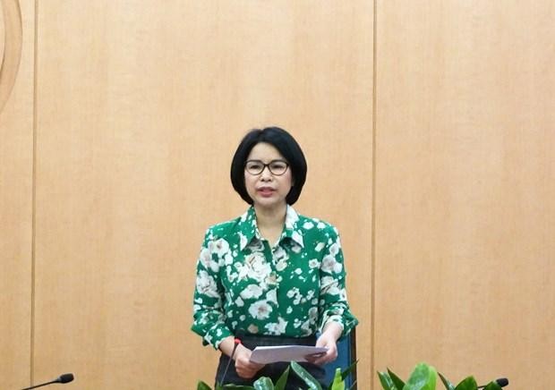 Bà Trần Thị Nhị Hà, Giám đốc Sở Y tế Hà Nội phát biểu tại cuộc họp. (Ảnh: PV/Vietnam+). Bà Trần Thị Nhị Hà, Giám đốc Sở Y tế Hà Nội phát biểu tại cuộc họp. (Ảnh: PV/Vietnam+).