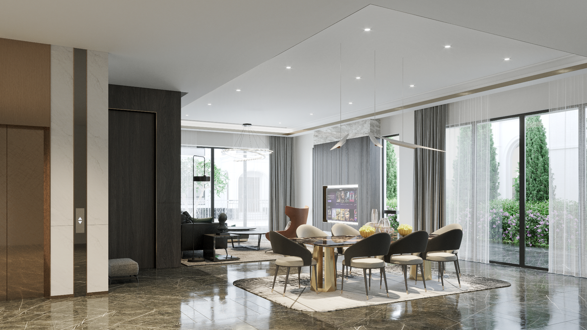 Phòng khách của biệt thự Thảo Viên Villas được thiết kế với cửa chính và cửa sổ là những tấm kính lớn tạo không gian thoáng rộng chan hòa với thiên nhiên.