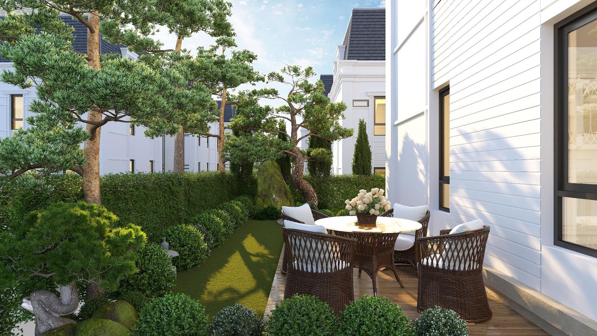 Biệt thự Thảo Viên Villas với không gian bốn bề được bao phủ bởi cây cối, hoa cỏ tươi mát.