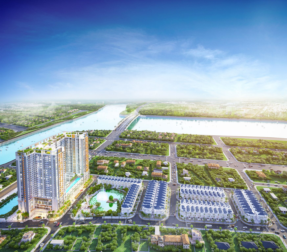 The Peak Garden nằm trên trục đại lộ Nguyễn Lương Bằng và được bao bọc bởi dòng sông xanh mát.