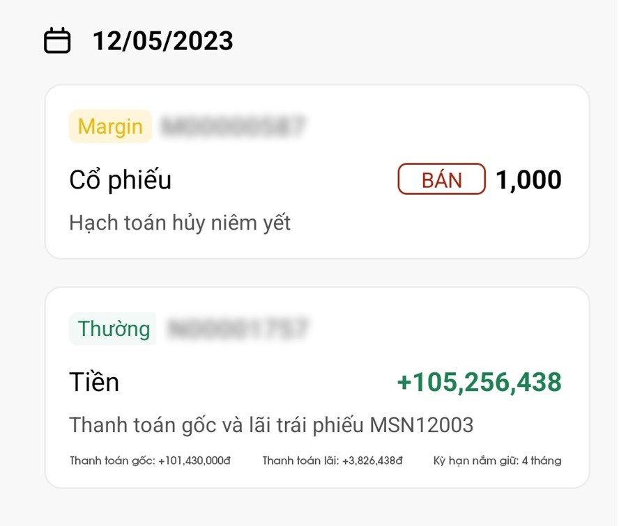 Ảnh chụp màn hình của khách hàng có Kl99kl Hoàn Trả Vô Tận MSN đáo hạn trong app AlphaTrading của Pinetree.