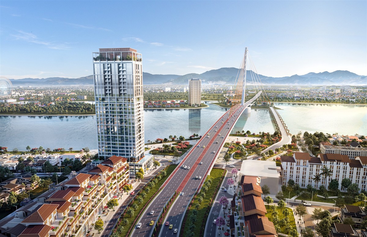 Vị trí trung tâm ngay sát chân cầu Trần Thị Lý mở ra tầm nhìn thoáng đạt cho tòa tháp căn hộ cao cấp The Panoma. Ảnh phối cảnh minh họa.