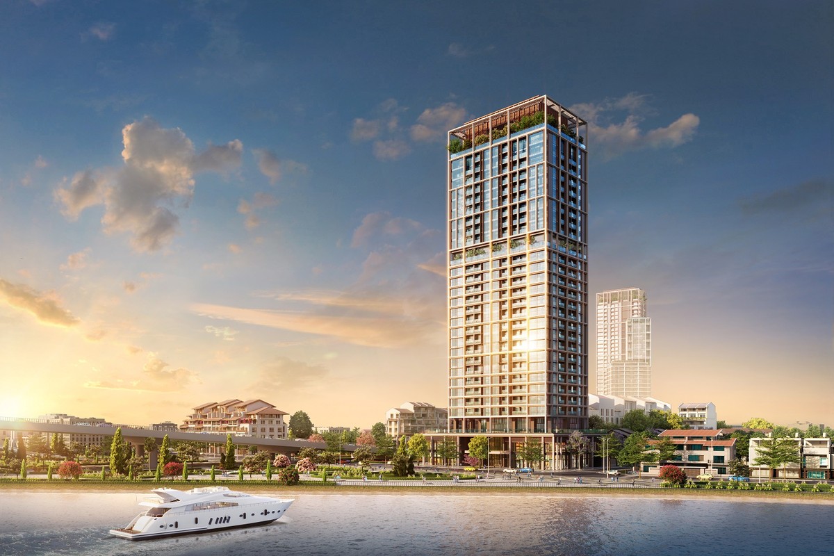 Tòa tháp Panoma 2 của Sun Cosmo Residence Da Nang nằm bên bờ sông Hàn thơ mộng. Ảnh phối cảnh minh họa.
