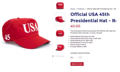Mẫu mũ mới được bày bánTrang web thuộc chiến dịch tranh cử của ông Trump