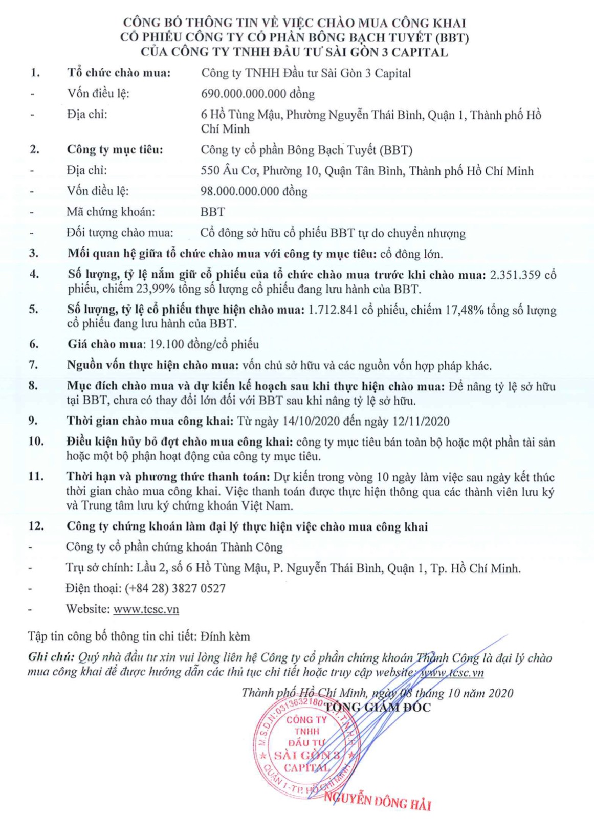 Công ty TNHH Kl99ok phiên bản mới Sài Gòn 3 Capital thông báo chào mua công khai KL99 là cổng game giải trí trực tuyến hàng đầu hiện nay CTCP Bông Bạch Tuyết (BBT) ảnh 1