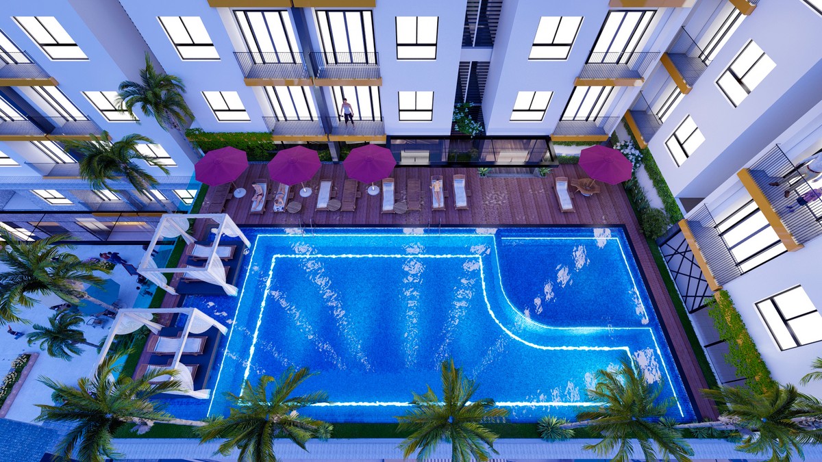 Phối cảnh hồ bơi vô cực 500m2 trên tầng 3 block A.