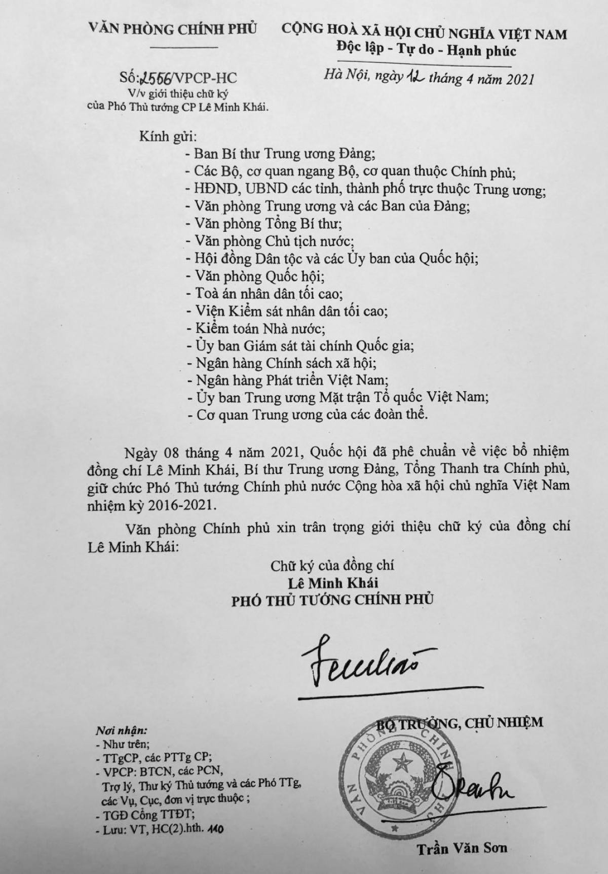 Chữ ký của Phó Thủ tướng Lê Minh Khái.