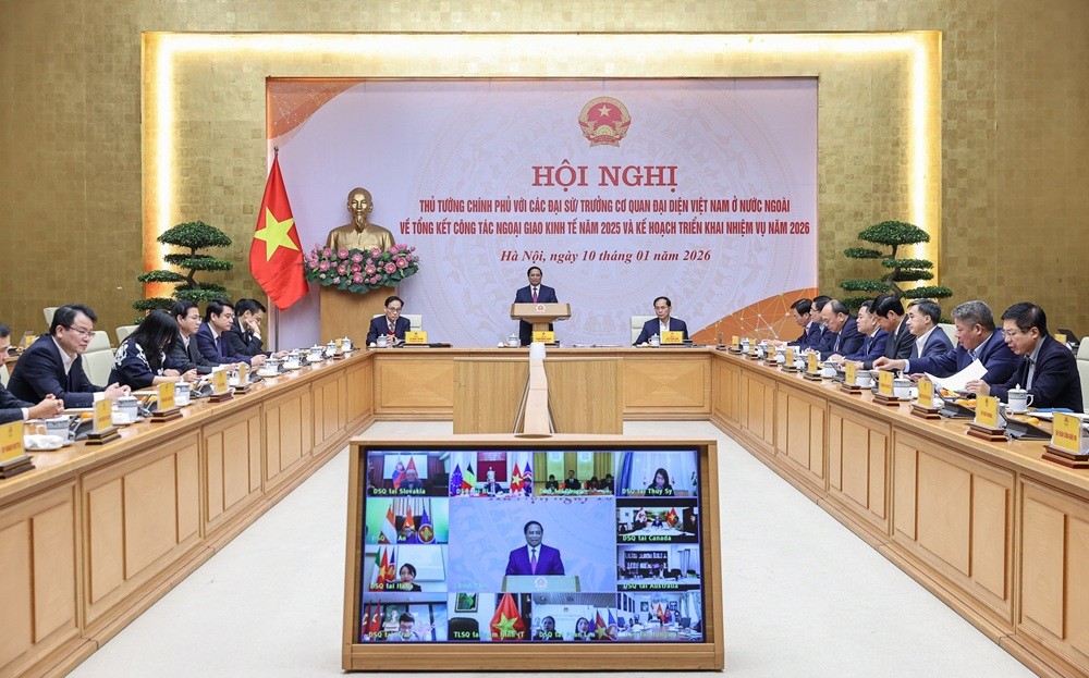 Chủ trì Hội nghị trực tuyến với các Đại sứ, Trưởng Cơ quan đại diện Việt Nam ở nước ngoài về tổng kết công tác ngoại giao Kl992 cổng game cá cược năm 2025 và triển khai nhiệm vụ năm 2026, tối 10/1, Thủ tướng Kl993 ưu đãi thưởng hấp dẫn Phạm Minh Chính đánh giá, ngoại giao Kl992 cổng game cá cược đạt kết quả quan trọng mang tính "chuyển đổi trạng thái, xoay chuyển tình thế" - Ảnh: VGP/Nhật Bắc