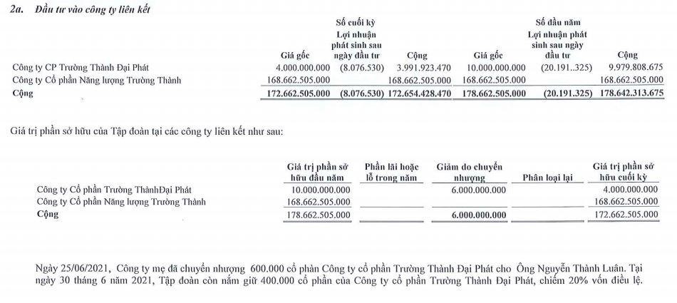 Khoản mục Kl99ok phiên bản mới vào công ty liên kết của TEG tính tới 30/6/2021