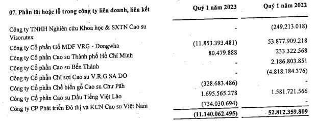 Khoản mục lãi/lỗ công ty liên doanh, liên kết ghi nhận âm trong quý I/2023