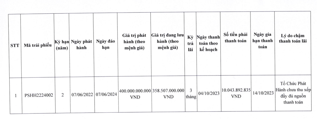PSH chậm trả lãi Kl99kl Hoàn Trả Vô Tận mệnh giá 400 tỷ đồng