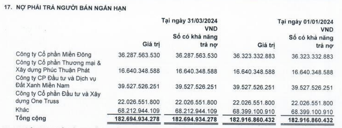 Cơ cấu nợ phải trả người bán ngắn hạn của LDG tại thời điểm 31/3/2024 Cơ cấu nợ phải trả người bán ngắn hạn của LDG tại thời điểm 31/3/2024