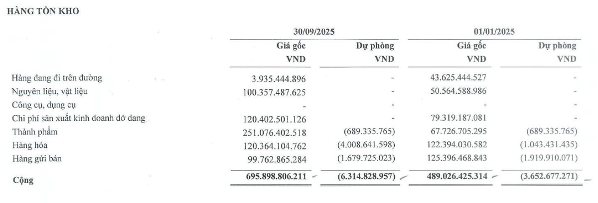 TMT tăng tồn kho và đồng thời tăng trích lập dự phòng trong 9 tháng đầu năm 2025.