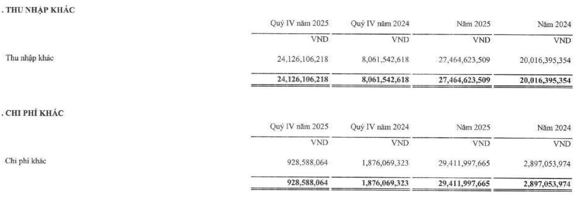 Searefico ghi nhận thu nhập khác đột biến quý IV/2025.
