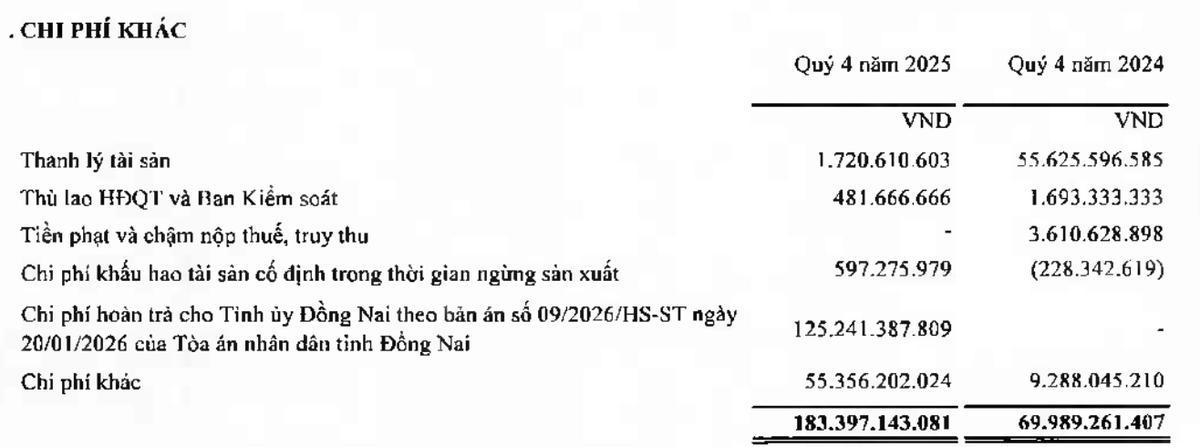 Tổng công ty Tín Nghĩa thuyết minh chi phí khác tăng đột biến liên quan ghi nhận 125,24 tỷ đồng hoàn trả cho Tỉnh uỷ Đồng Nai. Tổng công ty Tín Nghĩa thuyết minh chi phí khác tăng đột biến liên quan ghi nhận 125,24 tỷ đồng hoàn trả cho Tỉnh uỷ Đồng Nai.