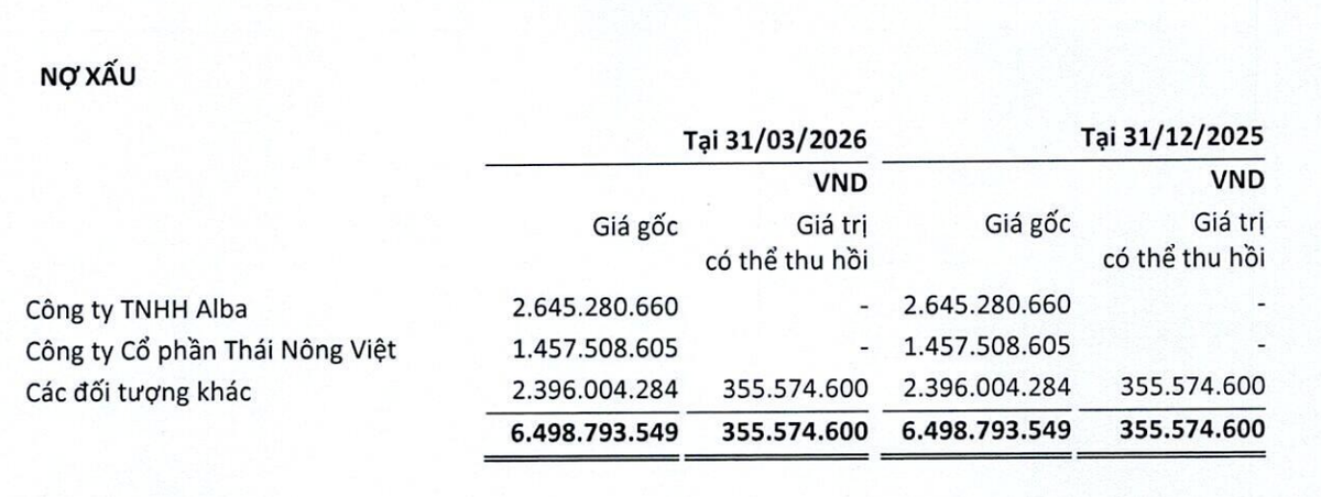 Nợ xấu của Rau quả Thực phẩm An Giang tại thời điểm 31/3/2026.