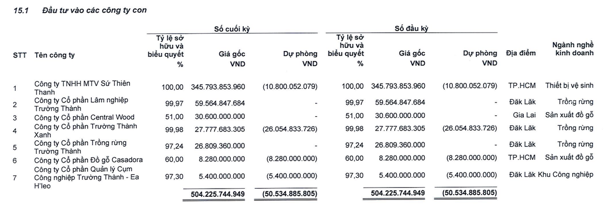 Danh sách công ty con của TTF tại thời điểm 31/3/2026.