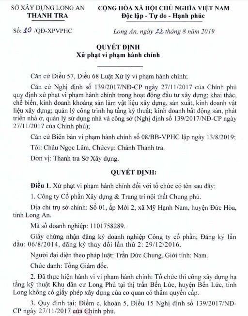 Long An: Chủ Kl99ok phiên bản mới dự án Khu dân cư Long Phú bị phạt 40 triệu đồng vì xây dựng khi không phép ảnh 1