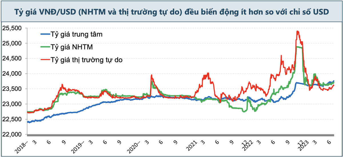 Tỷ giá VNĐ/USD (NHTM và thị trường tự do) đều biến động ít hơn so với chỉ số USD. Nguồn: CIEM.