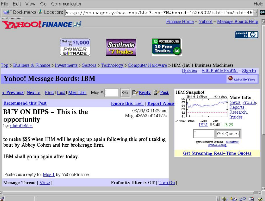 Giao diện bảng tin của Yahoo Finance trong những năm 1999-2000.