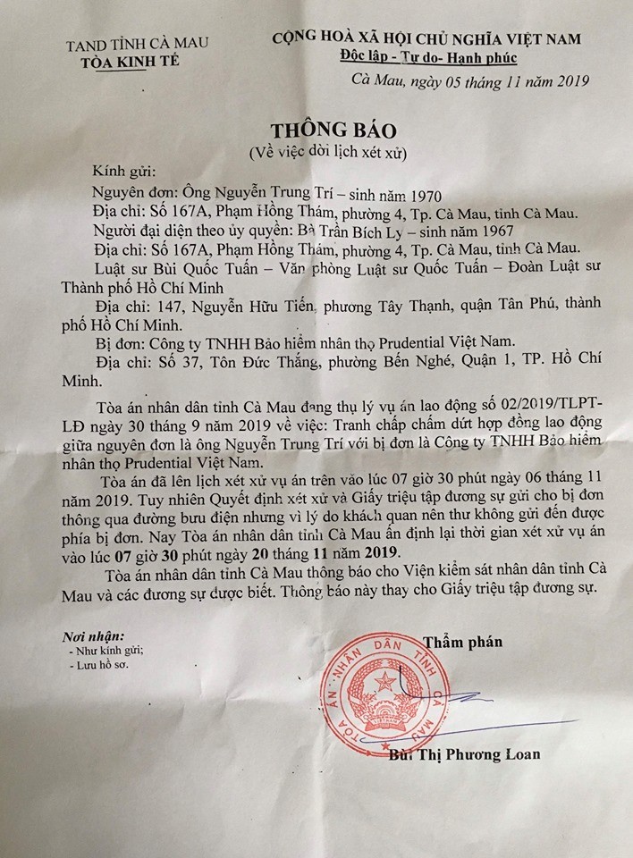Tòa án nhân dân tỉnh Cà Mau dời lịch xét xử phúc thẩm vụ nhân viên kiện Prudential Việt Nam sang ngày 20/11 ảnh 1