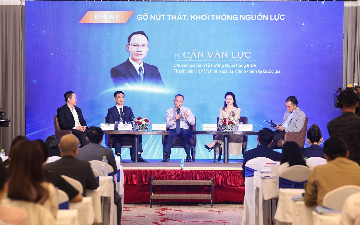 Các diễn giả tham gia thảo luận trong phiên 1 của Hội thảo với chủ đề "Gỡ nút thắt, khơi thông nguồn lực". Ảnh: Lê Toàn