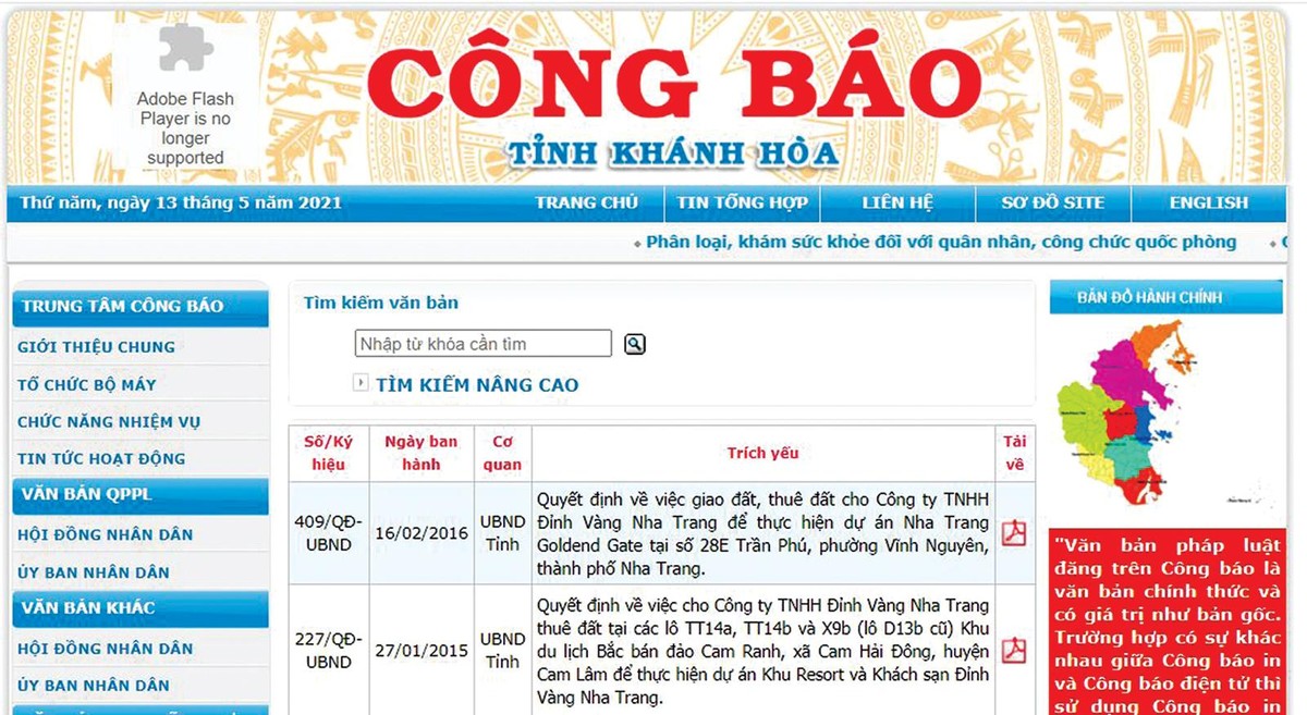 Công khai quyết định giao đất, cho thuê đất tại trang Công báo tỉnh Khánh Hòa