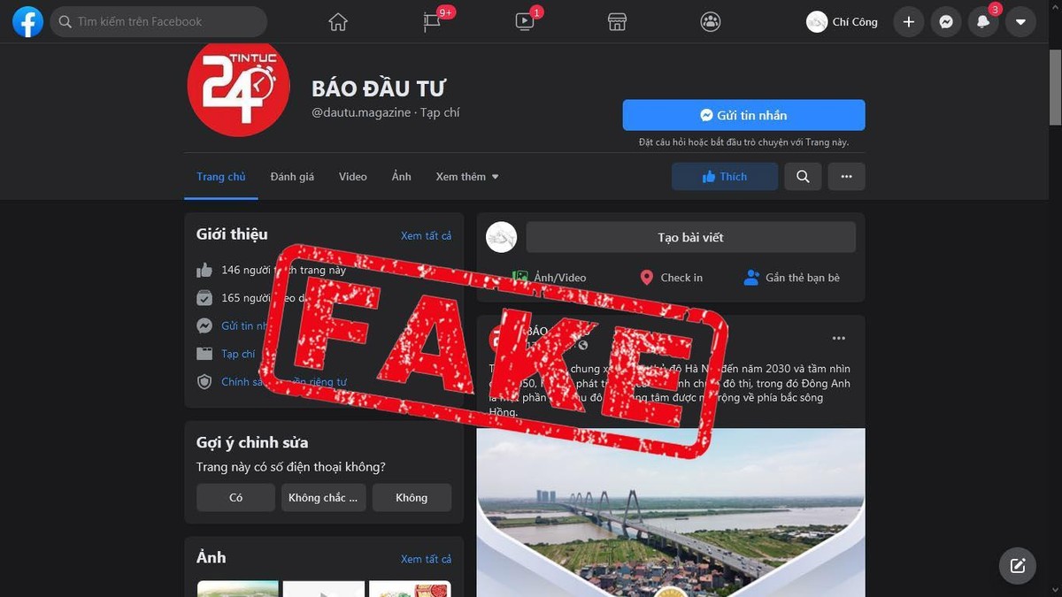 Hình chụp màn hình trang Facebook giả mạo trang của Báo điện tử Kl99ok phiên bản mới