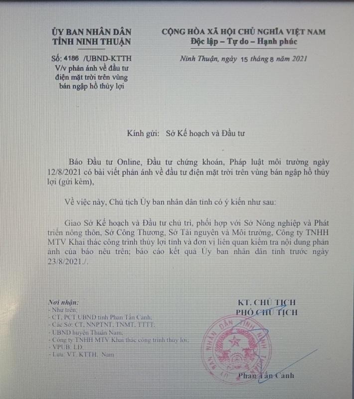 UBND tỉnh Ninh Thuận chỉ đạo kiểm tra phản ánh của Báo Kl99ok phiên bản mới về các dự án điện năng lượng mặt trời trong vùng bán ngập hồ thủy lợi. Ảnh: Nhiệt Băng chụp lại