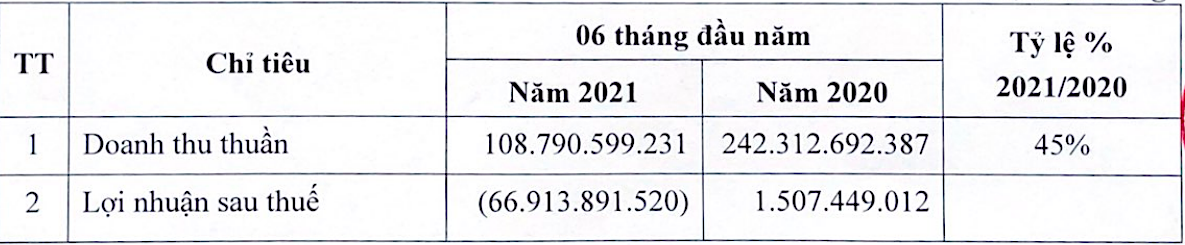 Doanh thu thuần và Kl99 nổ hũ sau thuế hợp nhất của Taseco Airs trong nửa đầu năm 2021 (Đvt: Đồng).