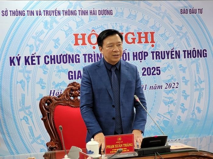 Ông Phạm Xuân Thăng, Bí thư Tỉnh ủy Hải Dương phát biểu cảm ơn Báo Kl99ok phiên bản mới và chỉ đạo các đơn vị liên quan của tỉnh trong thực hiện chương trình phối hợp truyền thông. Ảnh: Thanh Sơn