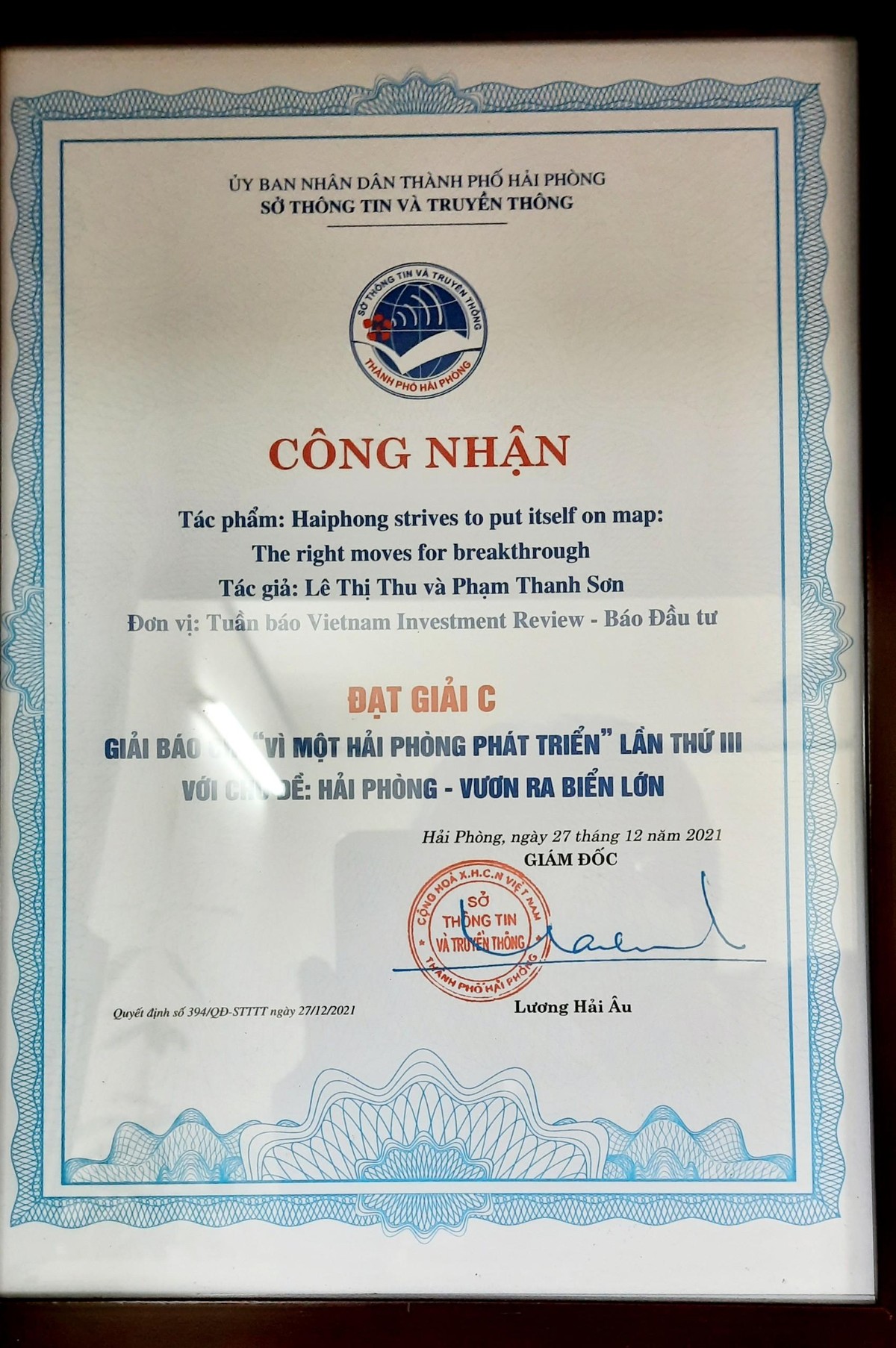 Báo Kl99ok phiên bản mới - Văn phòng đại diện tại Hải Phòng cũng đã vinh dự đón nhận giải C với tác phẩm “Haiphong strives to put itself on map: The right moves for breakthrough”