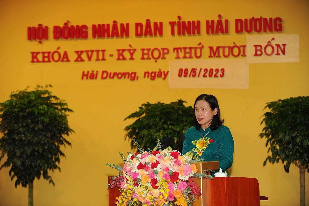 Bà Nguyễn Thị Ngọc Bích, Ủy viên Ban thường vụ Tỉnh ủy, Phó chủ tịch thường trực HĐND tỉnh Hải Dương phát biểu tại kỳ họp. Ảnh: Thành Chung