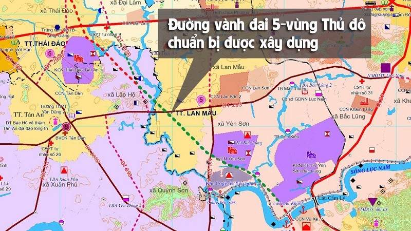 Đường vành đai 5 - vùng Thủ đô đoạn từ KCN Yên Sơn - Bắc Lũng đến đường 293B (màu xanh lá cây) sẽ được Kl99ok phiên bản mới xây dựng. (Đồ họa: Báo Bắc Giang).