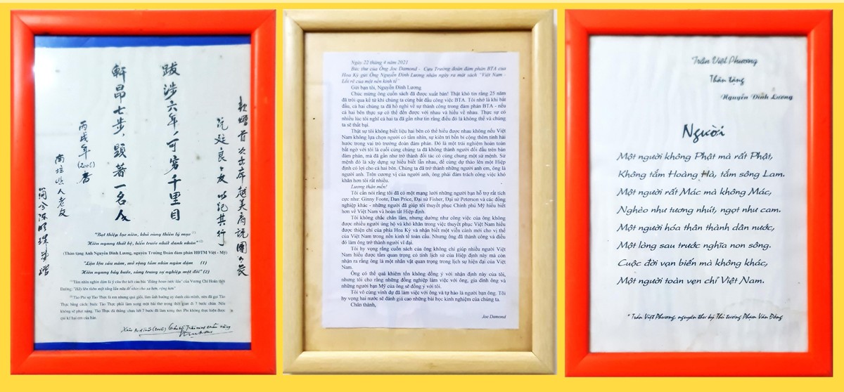 Trong phòng khách tại tư gia, ngoài bức ảnh khoảnh khắc lịch sử khi diện kiến Tổng thống Hoa Kỳ Bill Clinton, trong chuyến thăm Nhà Trắng ngay khi Hiệp định BTA được ký kết, ông Nguyễn Đình Lương trân quý treo bức thư của ông Joe Damond viết cho ông và hai bài thơ của những người bạn viết về ông.
