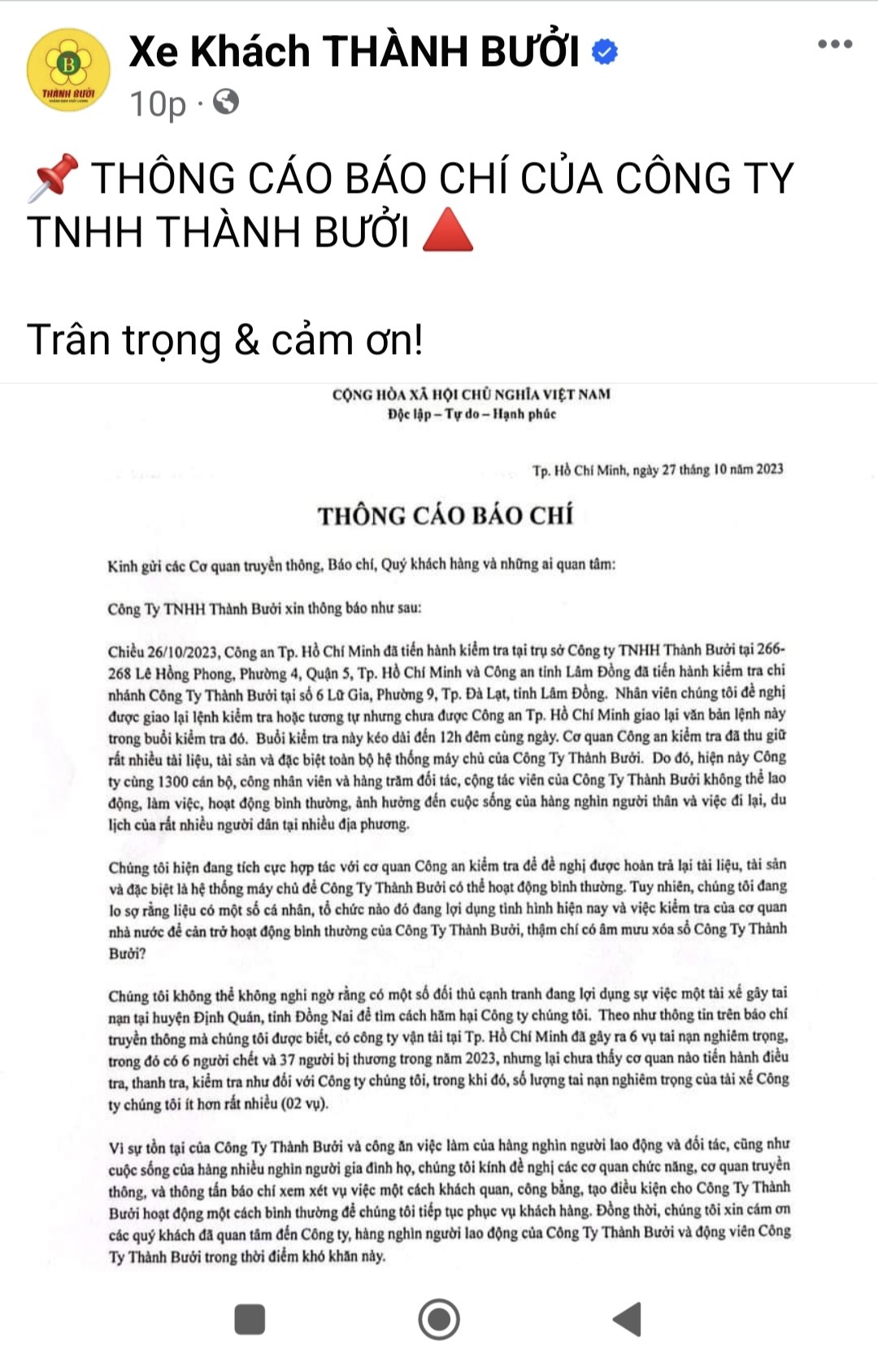 Thông cáo báo chí trên Fanpape tích xanh của Thành Bưởi.