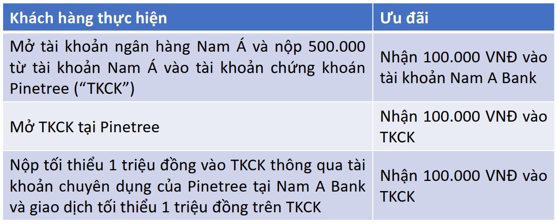 Ưu đãi cho tài khoản mở mới tại Pinetree và Nam A Bank