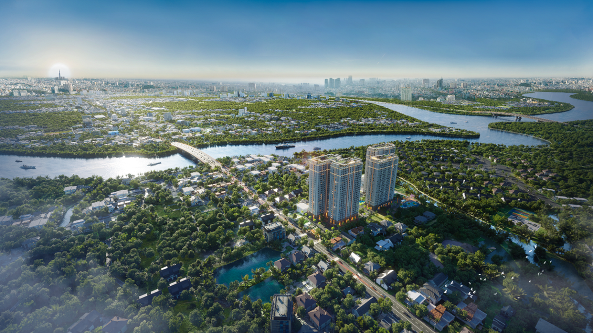 Nhà Bè thu hút chủ Kl99ok phiên bản mới các dự án cao tầng theo đúng định hướng xanh, gìn giữ môi trường thiên nhiên sẵn có. Ảnh phối cảnh một dự án căn hộ ngay bên cầu Long Kiểng.