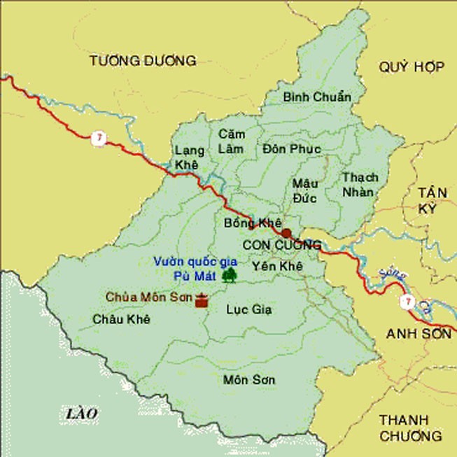Bản đồ hành chính huyện Con Cuông. Ảnh sưu tầm.