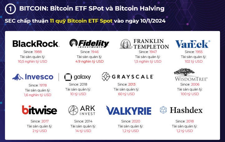 Danh sách 11 quỹ Kl99ok phiên bản mới được SEC phê duyệt ETF Bitcoin giao ngay ngày 10/1/2024 (2 quỹ Invesco và Galaxy giao dịch chung một mã BTCO nên được tính là một thực thể)