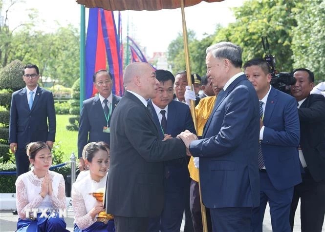Quốc vương Norodom Sihamoni đón Chủ tịch nước Tô Lâm. (Ảnh: TTXVN)